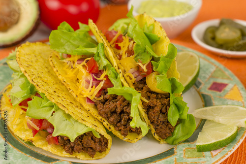 Beef Tacos - Mexican minced beef tacos with salsa, cheese & lime