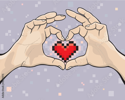 Pixel heart in two hands