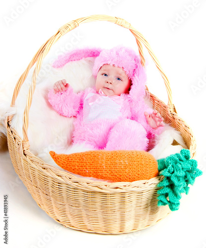funny newborn baby dressed in Easter bunny  suit