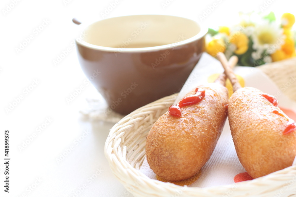 Corn Dog and hot drink Corn Dog and hot drink