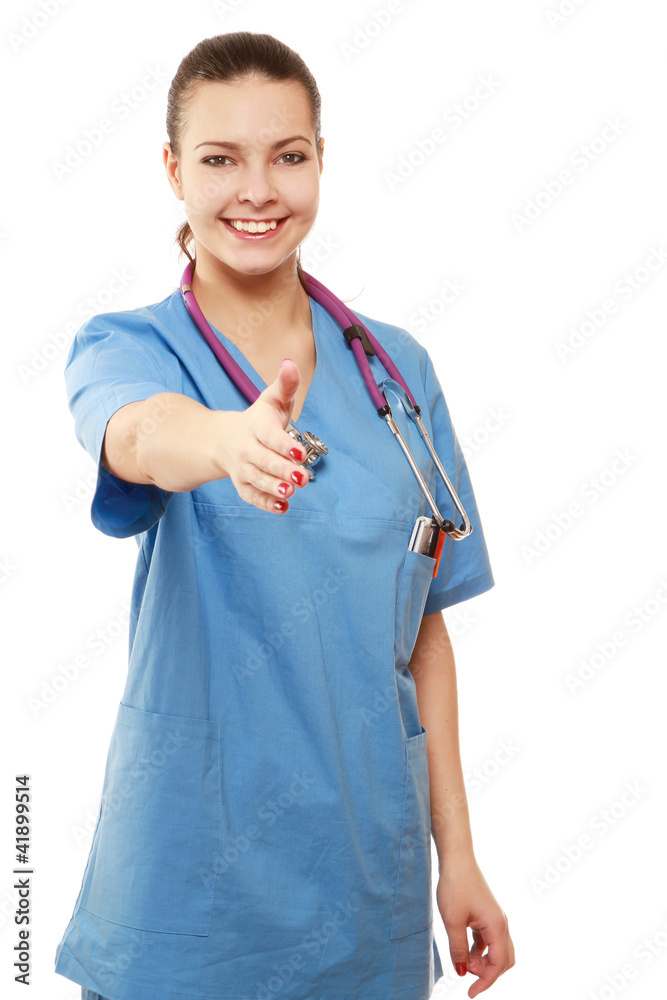 Closeup portrait of a young female doctor giving a hand Closeup portrait of a young female doctor giving a hand