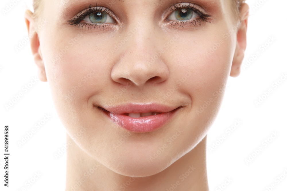Closeup portrait of a beautiful young woman, isolated on white Closeup portrait of a beautiful young woman, isolated on white