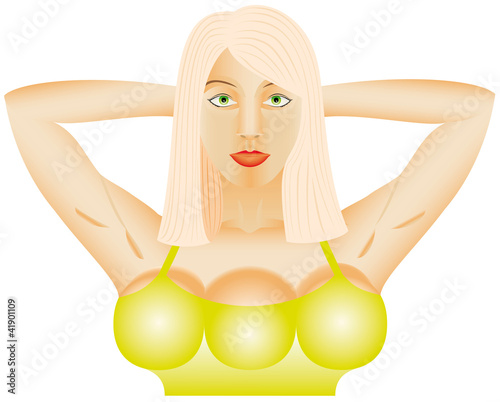 The woman with an additional breast on a white background