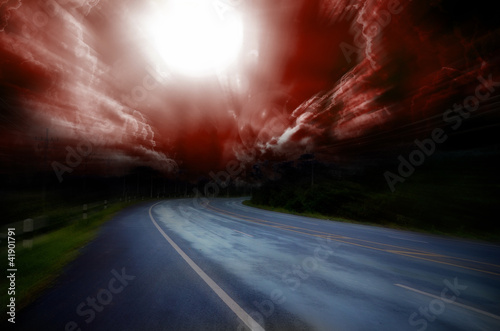 фотографія Blurred asphalt road and red bloody blurred sky