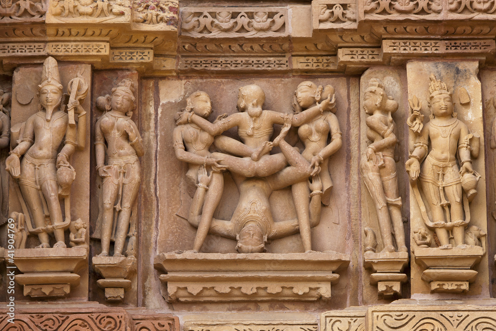 Erotic carvings at Khajuraho Temple, Madhya Pradesh, India