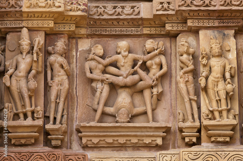 Erotic carvings at Khajuraho Temple, Madhya Pradesh, India