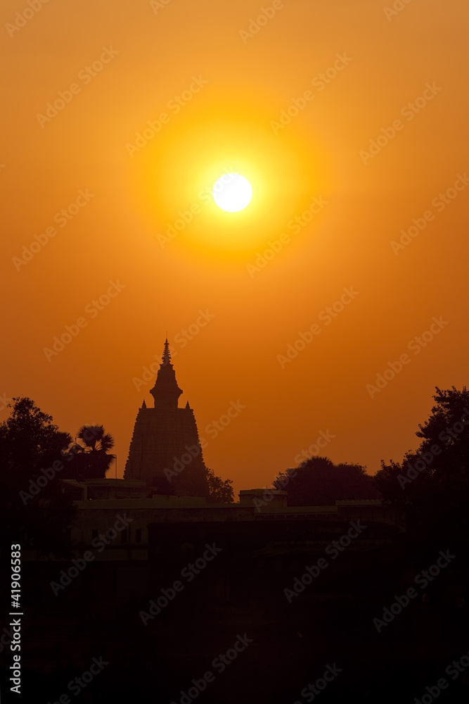 Sunset silhouette of Mahabodhi temple, Bodhgaya, India