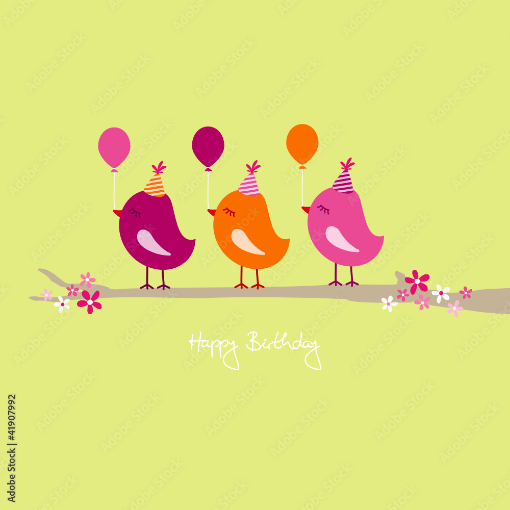 3 Birds Pink/Orange With Ballon On Tree Green 3 Birds Pink/Orange With Ballon On Tree Green