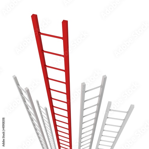 red success ladder standing out from a group of white ladders