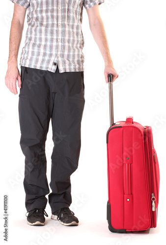 Red suitcase with man isolated on a white