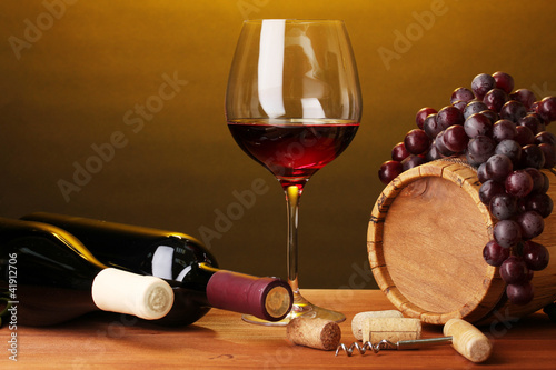 In wine cellar. Composition of wine bottles and runlet