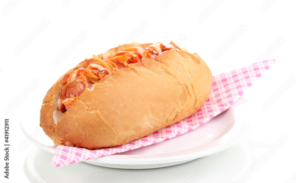 Appetizing hot dog on plate isolated on white Appetizing hot dog on plate isolated on white