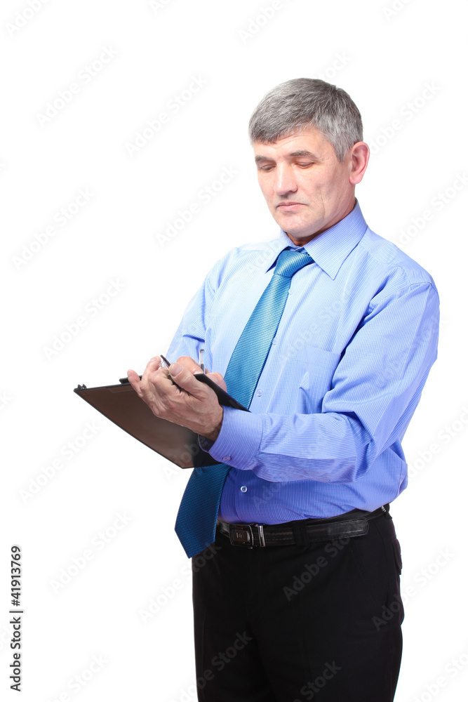 Businessman writing on document isolated on white
