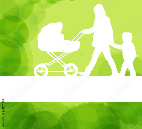 Mother with baby carriage and kid background