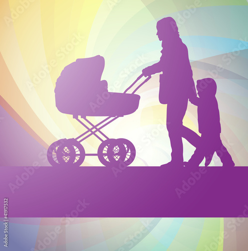 Mother with baby carriage and kid background
