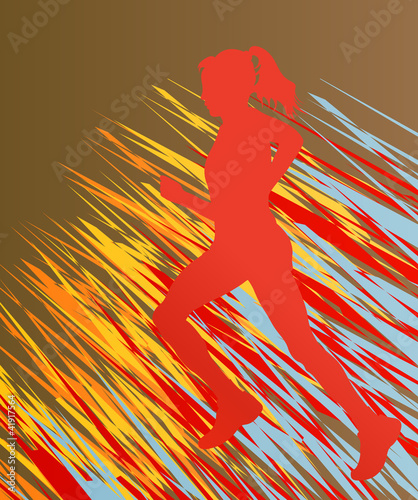 Silhouette of runner vector in front of colorful abstract lines