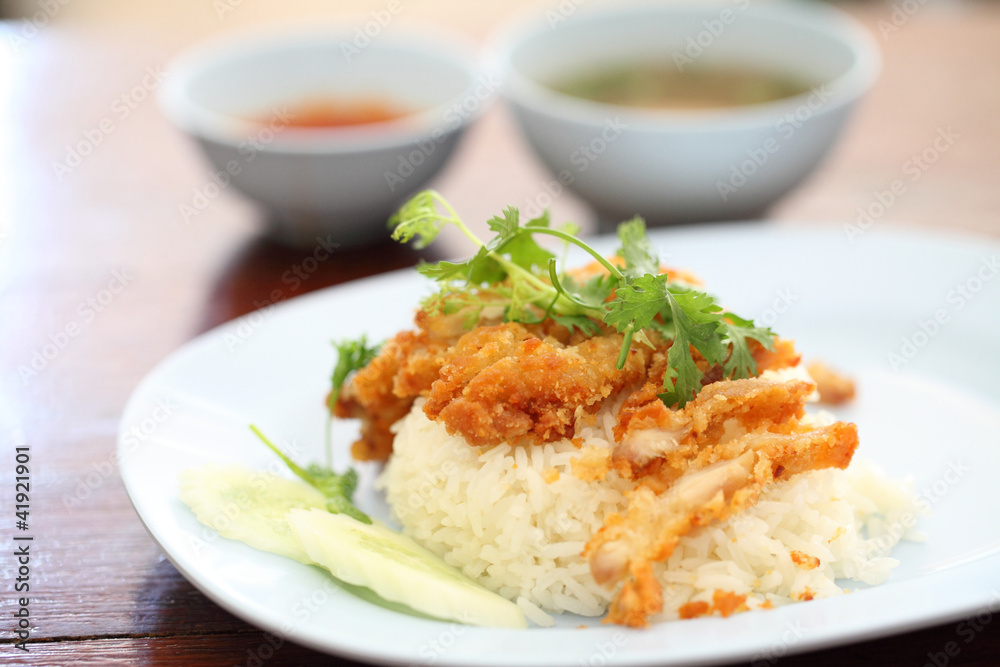 Thai food gourmet fried chicken with rice , khao mun kai tod in Thai food gourmet fried chicken with rice , khao mun kai tod in