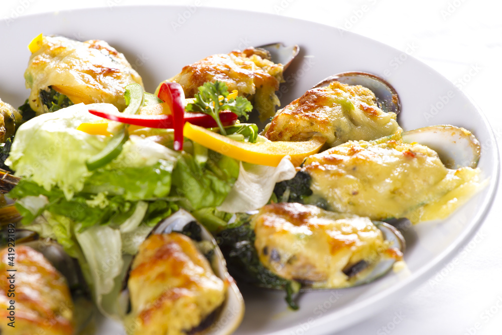 mussel with cheese, Baked mussels with cheese and garlic mussel with cheese, Baked mussels with cheese and garlic