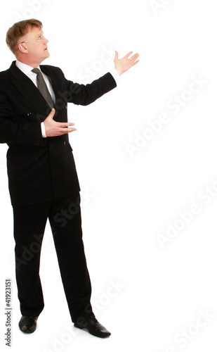 Man showing something on his hand , isolated on white background