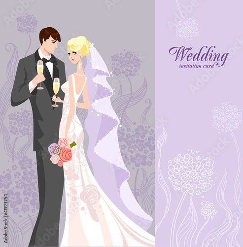 Wedding invitation with bride and groom