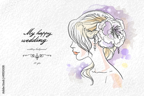 Wedding watercolor portrait of the bride