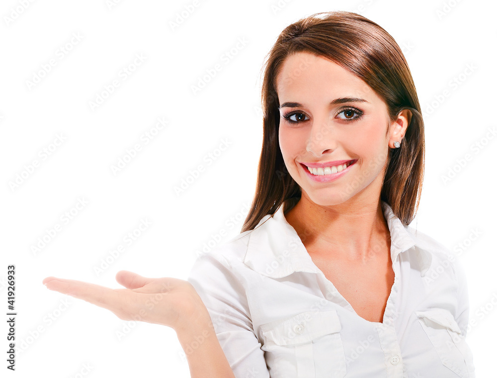femme qui présente quelque chose avec sa main femme qui présente quelque chose avec sa main