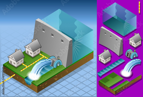 Isometric houses powered by watermill