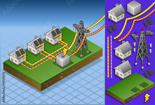 Isometric houses with solar panels in production of energy