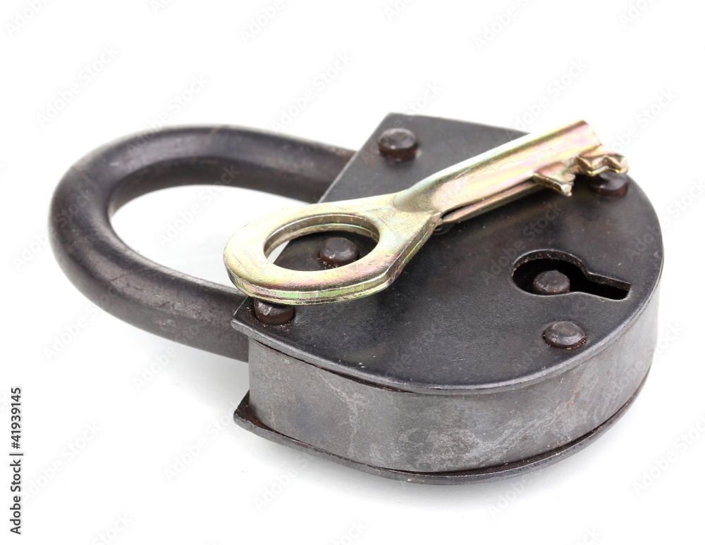 Obraz premium Retro padlock with key isolated on white