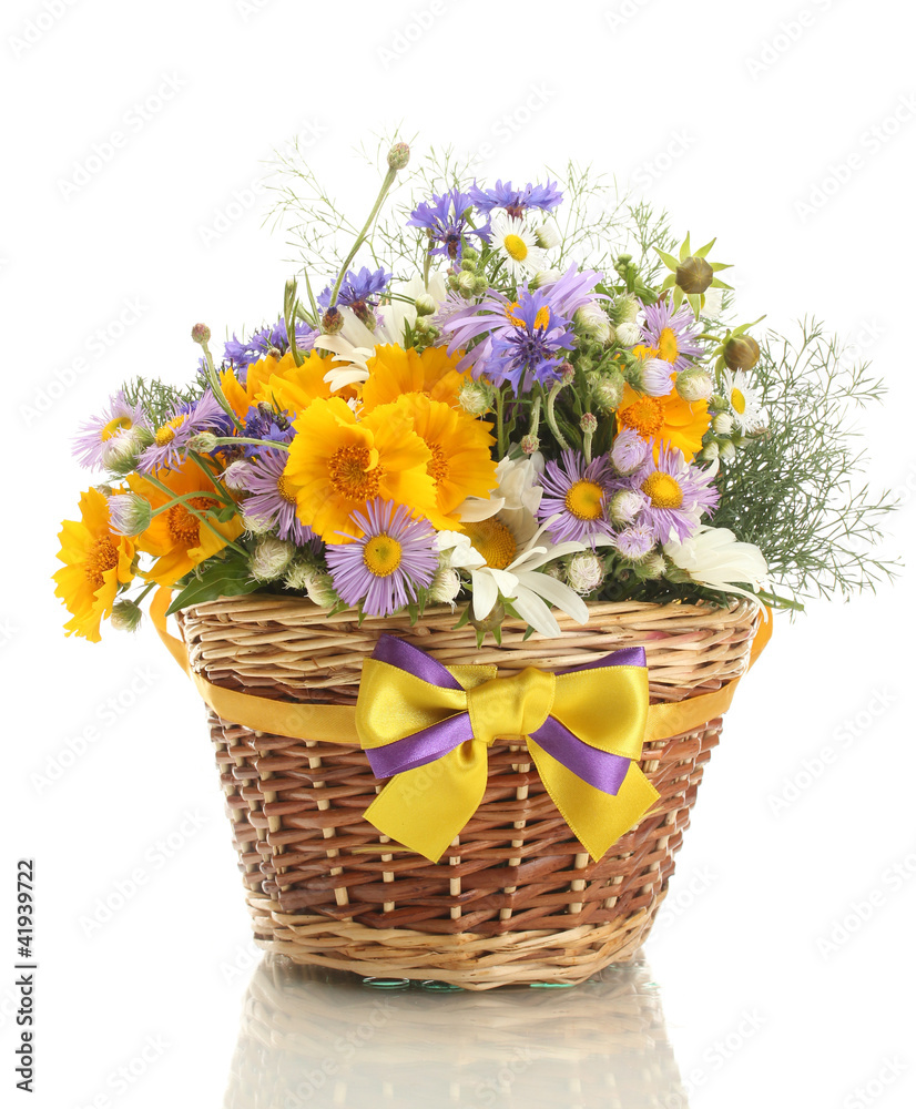 beautiful bouquet of bright wildflowers in basket, isolated beautiful bouquet of bright wildflowers in basket, isolated