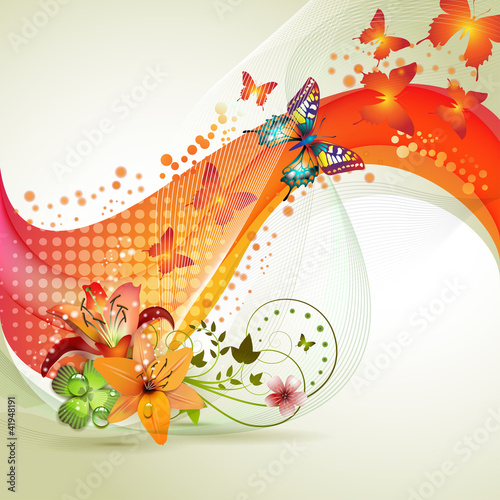 Colorful background with butterfly and flowers
