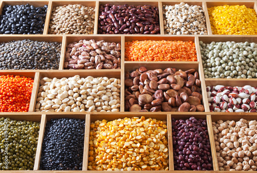 peas, beans and lentils in the wooden box