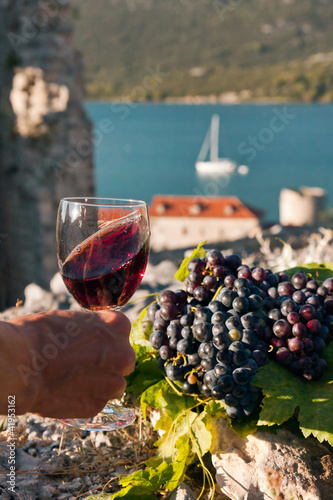 A glass of wine in female hand and grapes on the stone