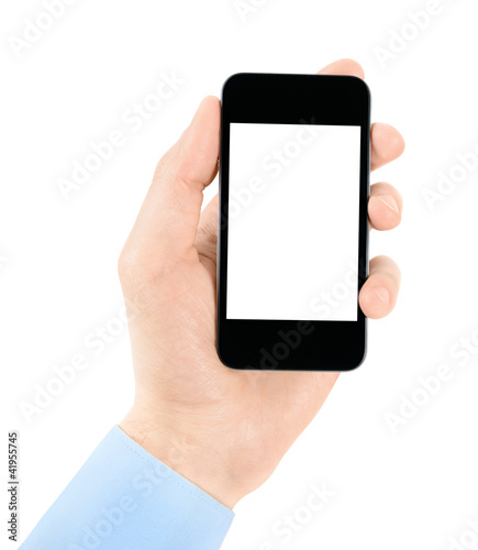 Holding mobile phone in hand with blank screen