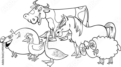 Group of cartoon farm animals for coloring