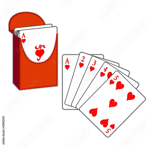 Poker, Straight Flush Hearts, box of playing cards, isolated