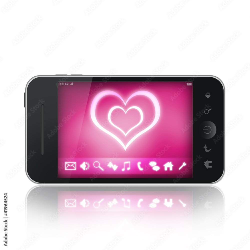 Mobile phone with pink love wallpaper on a display Mobile phone with pink love wallpaper on a display