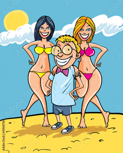 Cartoon nerd with two girls in bikinis standing on the beach