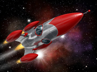 Fototapete Kosmos Weltraumrakete zwischen bunten Planeten  © beawolf