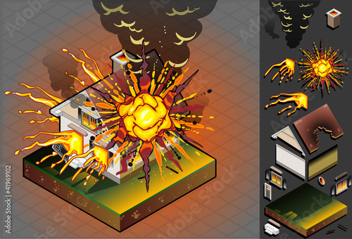 isometric House hit by explosion