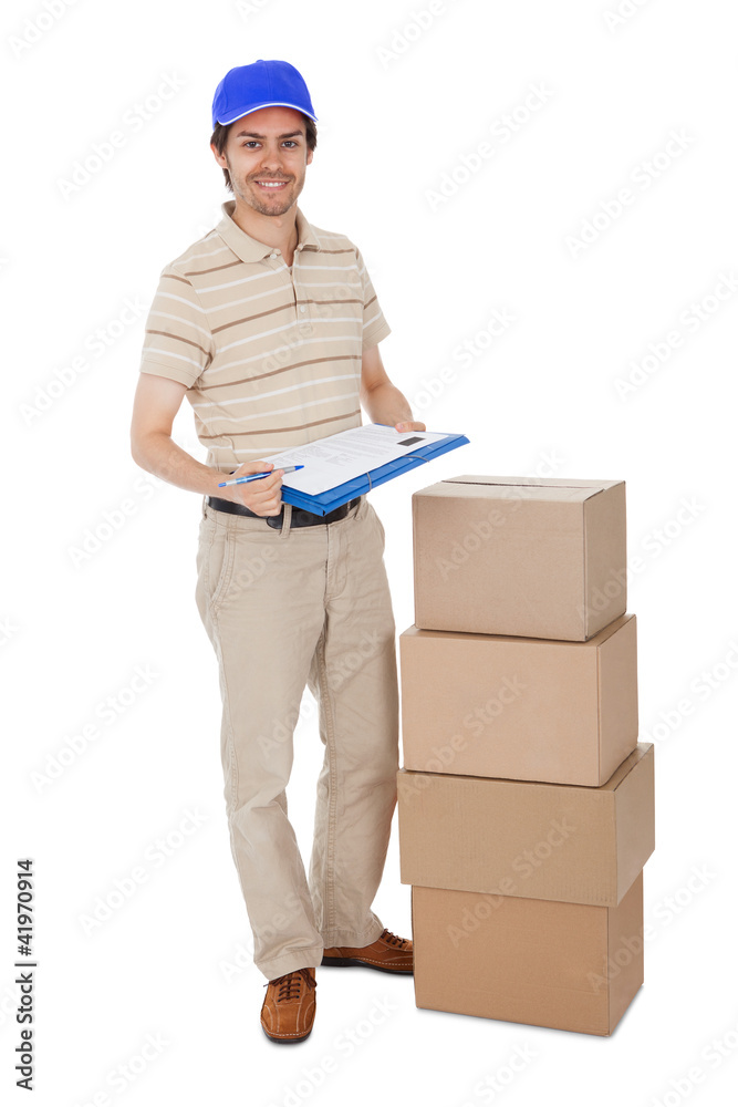 Delivery man asking to sign delivery confirmation Delivery man asking to sign delivery confirmation