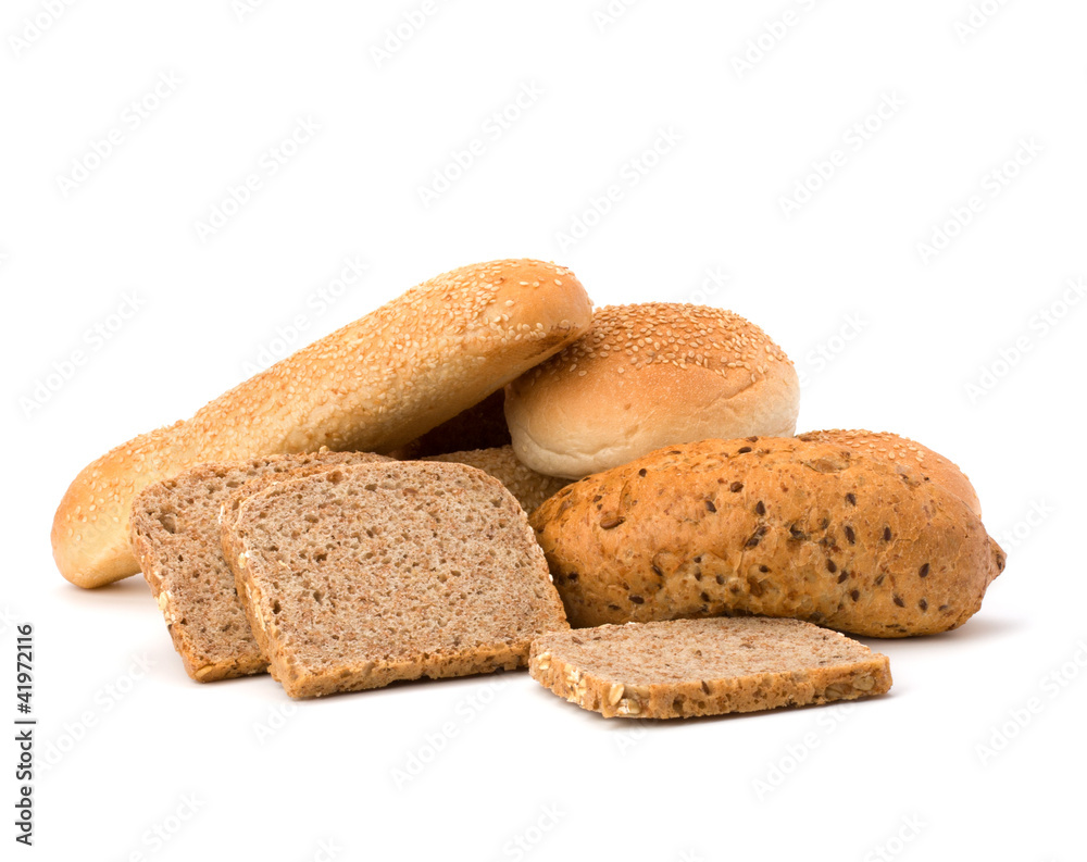 Bread loafs and buns variety isolated on white background Bread loafs and buns variety isolated on white background