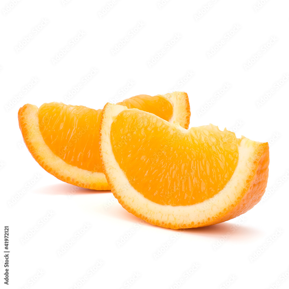 Sliced orange fruit segments isolated on white background Sliced orange fruit segments isolated on white background