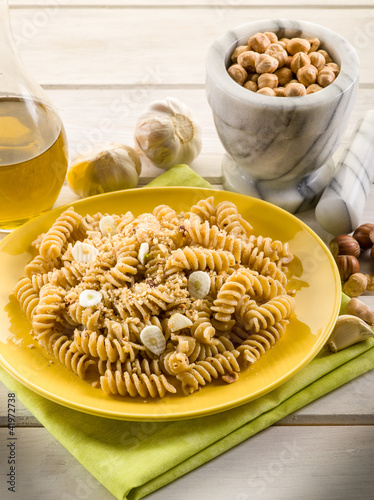 fusilli with hazelnut pesto and garlic