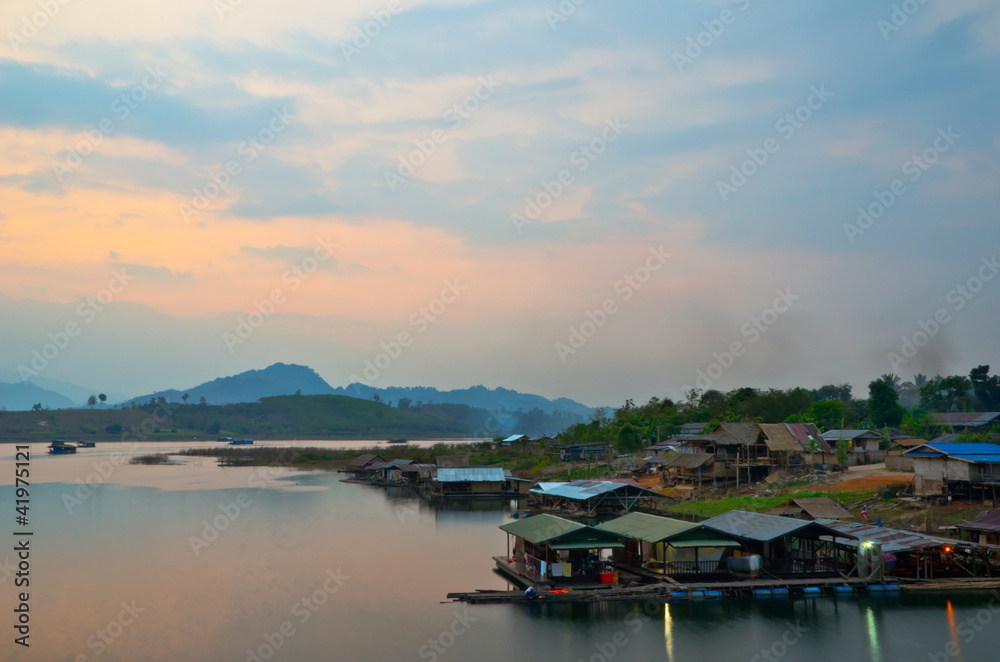 Thai Floating village on the River in Sangkraburi