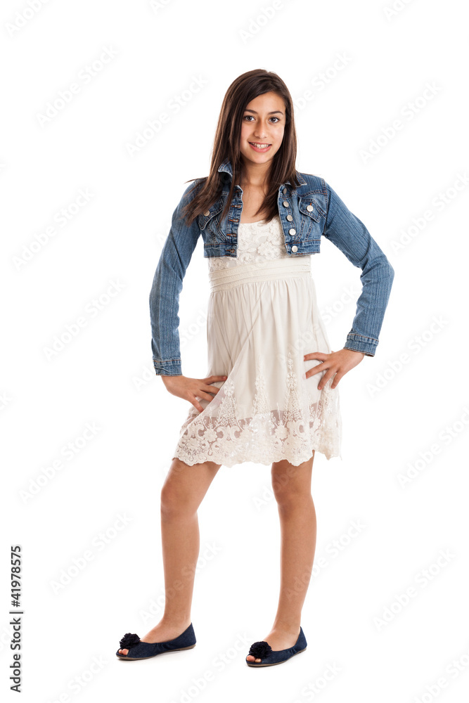 Preteen girl portrait isolated on white