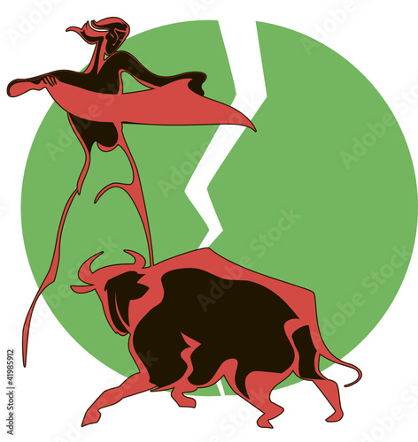 Graphic contour image of a bullfighter and the bull