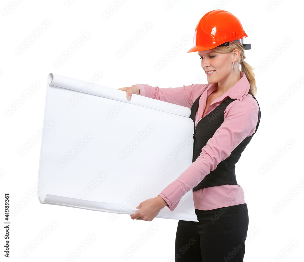 Modern architect woman showing blank flip chart Modern architect woman showing blank flip chart