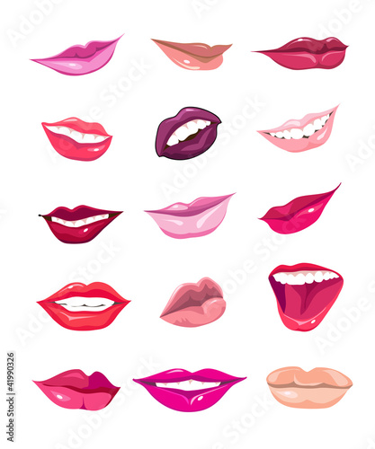 Set of 15 glamour lips, with different lipstick colors.