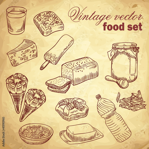 Vintage hand-drawn food set with various tasty things